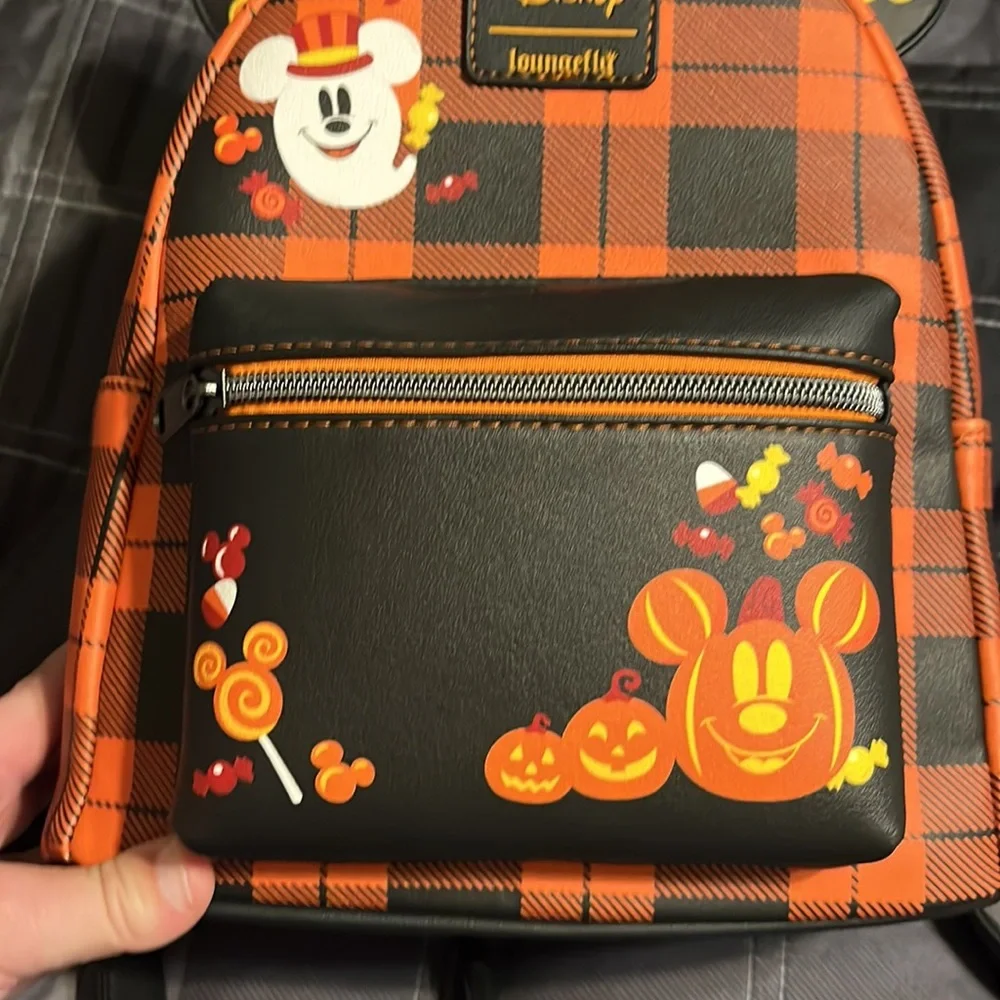 Loungefly Orange and Black Plaid Halloween Mickey Mini Backpack